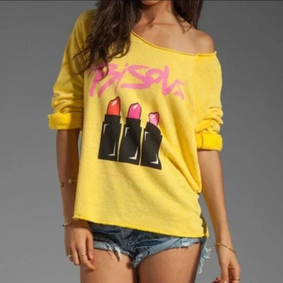 Wildfox Bisous Kisses Lipstick Slouchy Distressed Raglan Sleeve Sweatshirt XS - Picture 2 of 9